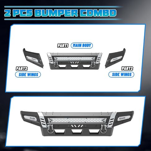 المصد الأمامي WolfX متوافق مع Ford F250 F350 F450 Super Duty 2017 2018 2019 2020 2021 2022 F-250 مصد الطرق الوعرة من الفولاذ عالي التحمل مع حلقتين على شكل حرف D مع 2 مصباح جراب in Kuwait