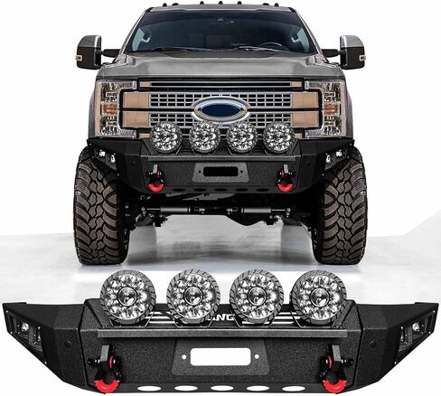 المصد الأمامي GNG متوافق مع 2017 2018 2019 2020 2021 2022 Ford F250/F350/F450 مصد فولاذي مع ضوء LED 264 وات ولوحة ونش وحلقات على شكل حرف D/ 〔فولاذ أسود مزخرف〕 in Kuwait