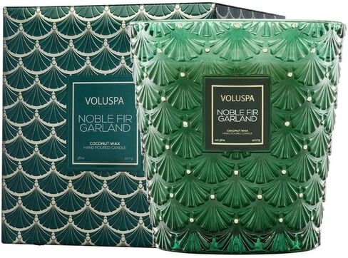 Voluspa Noble Fir Garland, 3 Wick Hearth Candle, 38 oz, 80 Hour Burn Time, Coconut Wax Blend, Christmas Scented Candles for Home, Poured in The USA in Saudi Arabia
