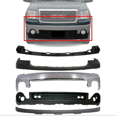 المصد الأمامي كروم + غطاء علوي معبأ + دعامة + ستارة سفلية + تمديد استبدال مباشر متوافق مع GMC Sierra 1500 2007-2013 GM1015100 GM1092211 GM1014102 in Saudi Arabia