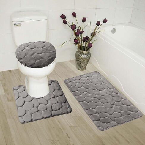 3 Pieces Memory Foam Greek Rock Stone Design Solid Colors Bathroom Rug Set Bath Mat Contour Mat and Lid Cover (Brown) in Saudi Arabia