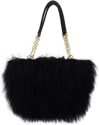Big Fur Tote Bag Curly Lamb Hair Furry Purse with Genuine Leather Handles Plush Black Fur Handbag in Saudi Arabia