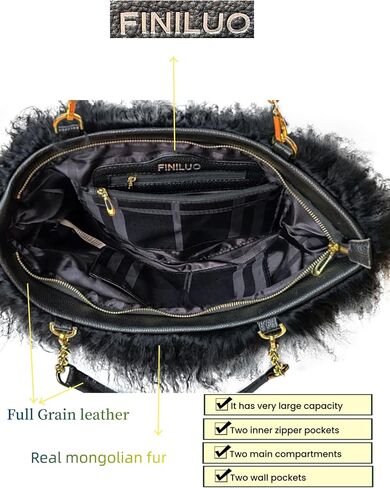 Big Fur Tote Bag Curly Lamb Hair Furry Purse with Genuine Leather Handles Plush Black Fur Handbag in Saudi Arabia