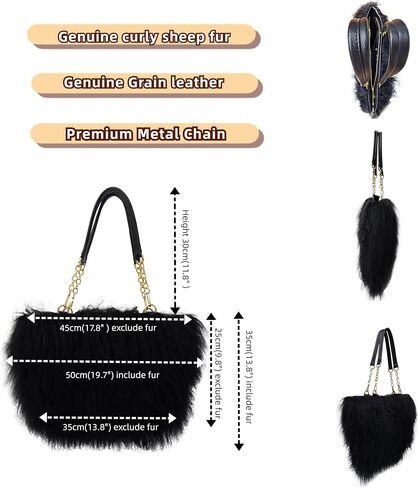 Big Fur Tote Bag Curly Lamb Hair Furry Purse with Genuine Leather Handles Plush Black Fur Handbag in Saudi Arabia