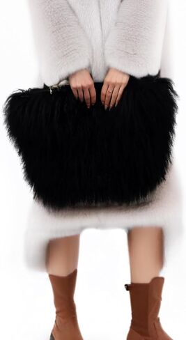 Big Fur Tote Bag Curly Lamb Hair Furry Purse with Genuine Leather Handles Plush Black Fur Handbag in Saudi Arabia