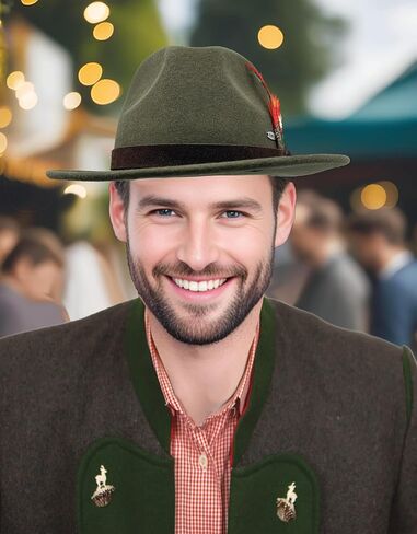 قبعة ألمانية للجنسين - طراز ألماني بحافة واسعة وريش جبال الألب الكلاسيكي | قبعة جبال الألب | فيدورا in Kuwait