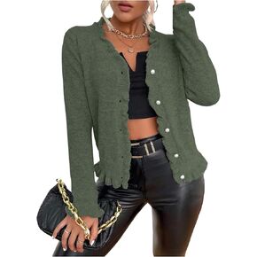 Verdusa Women's Ruffle Trim V Neck Button Down Long Sleeve Knit Cardigan Sweater in Kuwait