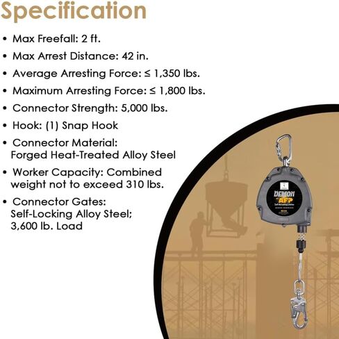 AFP Demon 30 FT Single Leg Self-Retracting Lifeline Cable Retractable | Steel Locking Snap Hook | Safety Yoyo | Fall Protection Arrest Limiter | Construction Industrial | OSHA & ANSI Rated SRL in Kuwait