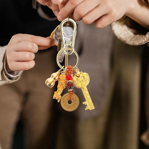 سلسلة مفاتيح Feng Shui الصينية Lucky Pi Yao مع خمسة عملات معدنية من الأباطرة وتميمة Wu Lou تميمة حقيبة ظهر الحظ السعيد لنجاح الثروة in Saudi Arabia