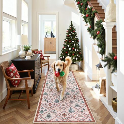 Lahome Christmas Living Room Rug, 5x7 Print Christmas Reindeer Rugs for Bedroom Aesthetic Large Washable Area Rug, Soft Christmas Tree Area Rug Stain Resistance Dining Room Rugs for Under Table (Red) in Saudi Arabia