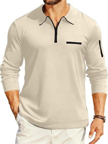 Men's Quarter Zip Up Long Sleeve Polo Shirt Casual Stylish Slim Fit Golf Polo Shirt Pullover Lightweight Polo Shirt in Saudi Arabia
