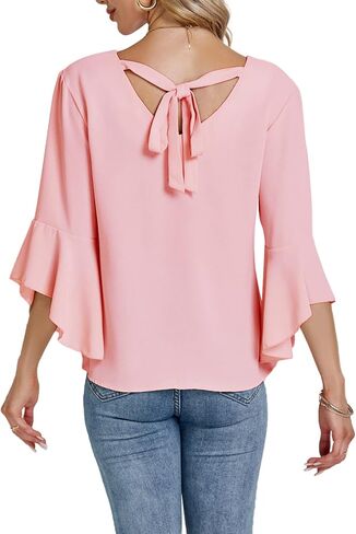 Women's Casual V Neck Ruffle Bell Half Sleeve Blouse Shirt Tunic Top in Saudi Arabia