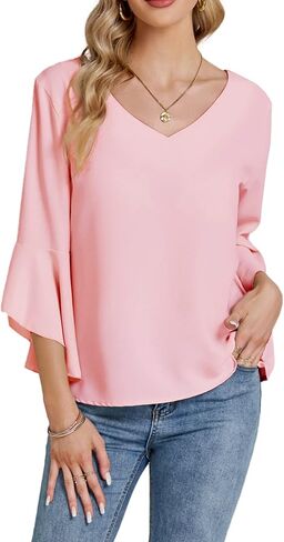 Women's Casual V Neck Ruffle Bell Half Sleeve Blouse Shirt Tunic Top in Saudi Arabia