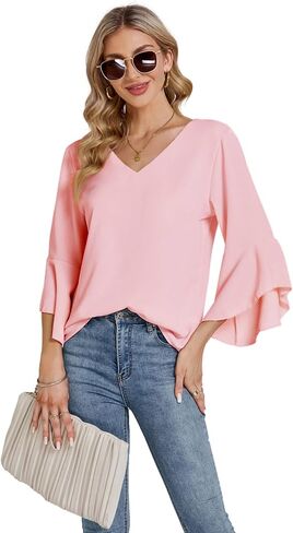 Women's Casual V Neck Ruffle Bell Half Sleeve Blouse Shirt Tunic Top in Saudi Arabia