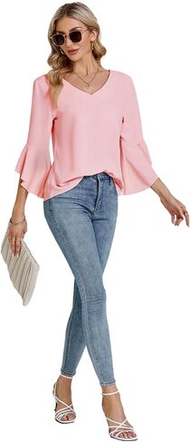 Women's Casual V Neck Ruffle Bell Half Sleeve Blouse Shirt Tunic Top in Saudi Arabia