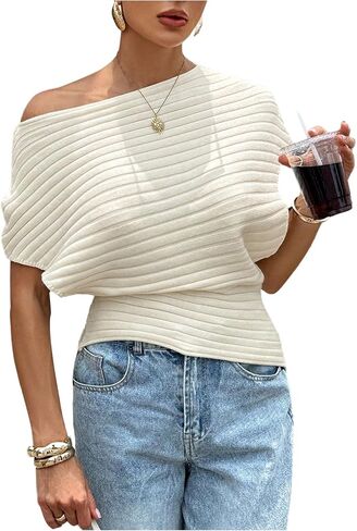 WDIRARA Women's Off The Shoulder Sweaters Asymmetrical Dolman Sleeve Pullover Knit Tops in Saudi Arabia