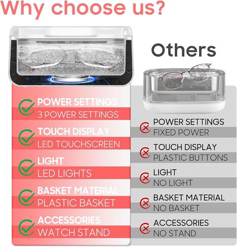 Ultrasonic Cleaner with LED Lights and Adjustable Power for Denture Retainer Glasses Watch Professional Ultrasonic Jewelry Cleaner Machine with Digital Timer and Degas for Ring Necklace Earring in Kuwait