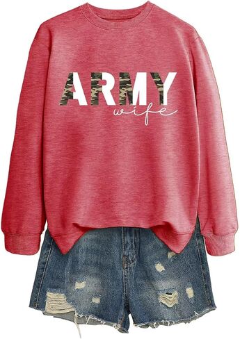 بلوزات الجيش زوجة المرأة نصف كامو الجرافيك العسكرية زوجة Crewneck البلوز الأعلى عادية كم طويل قميص in Kuwait