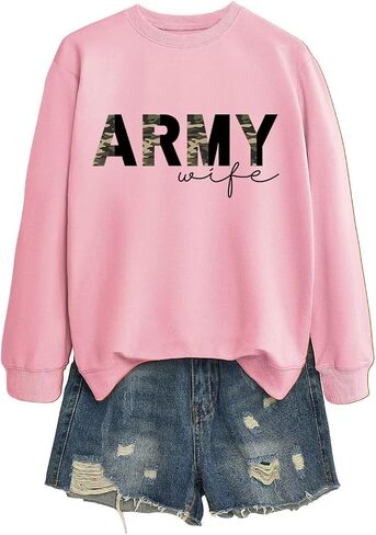 بلوزات الجيش زوجة المرأة نصف كامو الجرافيك العسكرية زوجة Crewneck البلوز الأعلى عادية كم طويل قميص in Kuwait