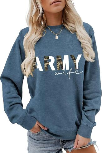 بلوزات الجيش زوجة المرأة نصف كامو الجرافيك العسكرية زوجة Crewneck البلوز الأعلى عادية كم طويل قميص in Kuwait