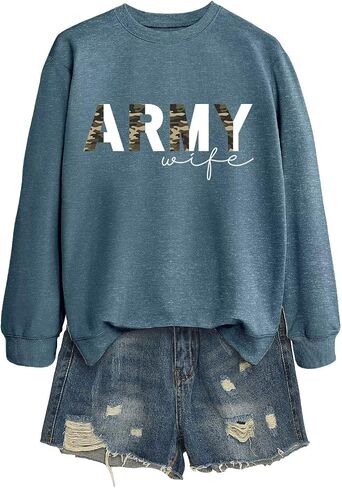 بلوزات الجيش زوجة المرأة نصف كامو الجرافيك العسكرية زوجة Crewneck البلوز الأعلى عادية كم طويل قميص in Kuwait