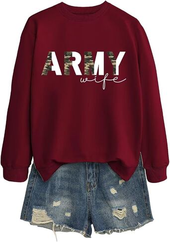 بلوزات الجيش زوجة المرأة نصف كامو الجرافيك العسكرية زوجة Crewneck البلوز الأعلى عادية كم طويل قميص in Kuwait