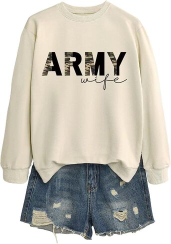 Army Wife Sweatshirts Women Half Camo Graphic Military Wife Crewneck Pullover Top Casual Long Sleeve Shirt in Saudi Arabia