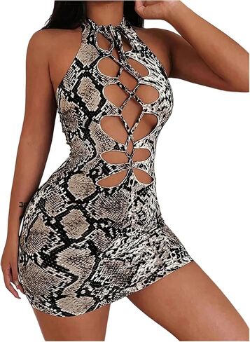 SHENHE Women's Sexy Bodycon Cut Out Halter Mini Dress Animal Print Backless Club Party Dress in Saudi Arabia