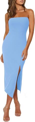 LYANER Women's Sleeveless Strapless Ribbed Tube Side Slit Bodycon Party Midi Dress in Saudi Arabia
