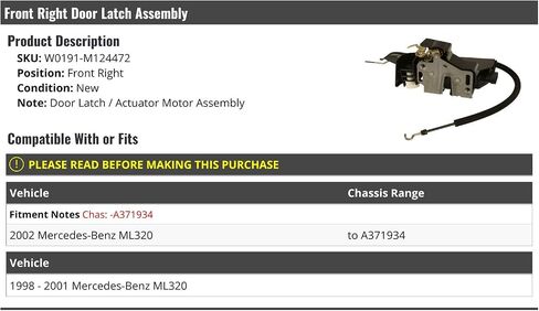 Front Right Passenger Side Door Latch and Actuator Motor Assembly - Compatible with 1998-2002 Mercedes-Benz ML320 (To Chassis A371934) in Saudi Arabia