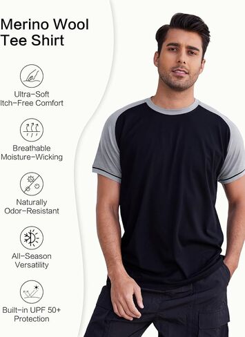 تي شيرت رجالي بياقة دائرية من صوف ميرينو لممارسة التمارين الرياضية والجري، تيشيرتات رجالي ناعمة ماصة للرطوبة وقابلة للتنفس in Kuwait