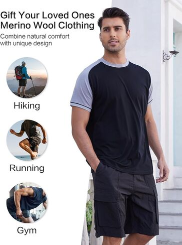 تي شيرت رجالي بياقة دائرية من صوف ميرينو لممارسة التمارين الرياضية والجري، تيشيرتات رجالي ناعمة ماصة للرطوبة وقابلة للتنفس in Kuwait