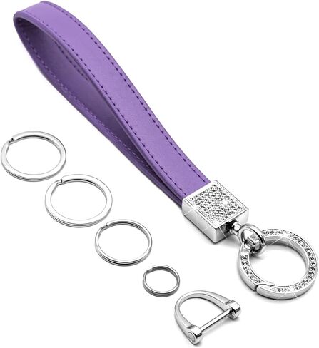 FEYOUN Bling Car Keychain للنساء، حزام معصم من الجلد الطبيعي العالمي، حامل مفتاح FOB، سلسلة مفاتيح، أجزاء إكسسوارات مع أحجار الراين اللامعة، حلقة على شكل حرف D مضادة للفقدان، 4 حلقات مفاتيح - أرجواني in Kuwait