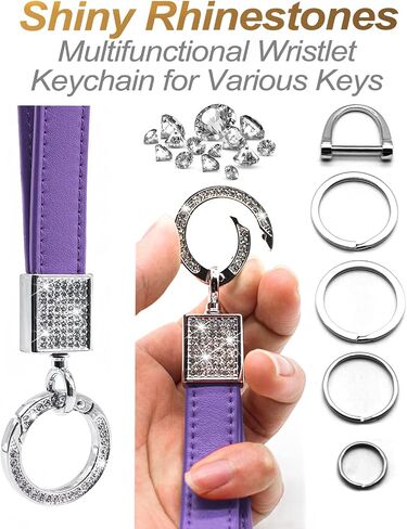 FEYOUN Bling Car Keychain للنساء، حزام معصم من الجلد الطبيعي العالمي، حامل مفتاح FOB، سلسلة مفاتيح، أجزاء إكسسوارات مع أحجار الراين اللامعة، حلقة على شكل حرف D مضادة للفقدان، 4 حلقات مفاتيح - أرجواني in Kuwait
