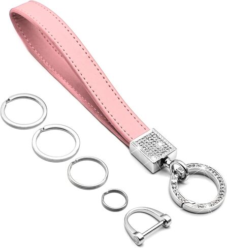 FEYOUN Bling Car Keychain للنساء، حزام معصم من الجلد الطبيعي العالمي، حامل مفتاح FOB، سلسلة مفاتيح، أجزاء إكسسوارات مع أحجار الراين اللامعة، حلقة على شكل حرف D مضادة للفقدان، 4 حلقات مفاتيح - أرجواني in Kuwait
