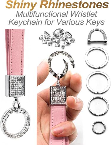 FEYOUN Bling Car Keychain للنساء، حزام معصم من الجلد الطبيعي العالمي، حامل مفتاح FOB، سلسلة مفاتيح، أجزاء إكسسوارات مع أحجار الراين اللامعة، حلقة على شكل حرف D مضادة للفقدان، 4 حلقات مفاتيح - أرجواني in Kuwait