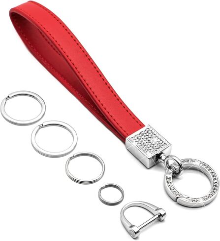 FEYOUN Bling Car Keychain للنساء، حزام معصم من الجلد الطبيعي العالمي، حامل مفتاح FOB، سلسلة مفاتيح، أجزاء إكسسوارات مع أحجار الراين اللامعة، حلقة على شكل حرف D مضادة للفقدان، 4 حلقات مفاتيح - أرجواني in Kuwait