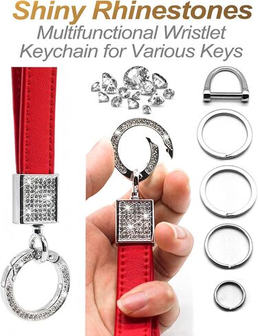 FEYOUN Bling Car Keychain للنساء، حزام معصم من الجلد الطبيعي العالمي، حامل مفتاح FOB، سلسلة مفاتيح، أجزاء إكسسوارات مع أحجار الراين اللامعة، حلقة على شكل حرف D مضادة للفقدان، 4 حلقات مفاتيح - أرجواني in Kuwait