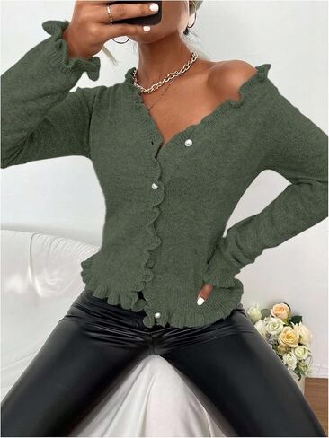 سترة كارديجان نسائية من Verdusa ذات حواف مكشكشة ورقبة على شكل حرف V وأكمام طويلة وأزرار سفلية in Kuwait