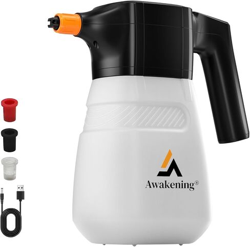 AWAKENING 2L بخاخ رغوي كهربائي لغسيل السيارات، 68oz بخاخ رغوي ببطارية لاسلكية مع تصميم قابل لإعادة الشحن، مدفع رغوي كهربائي محمول 52PSI لتفصيل السيارات والحديقة (أبيض) in Saudi Arabia