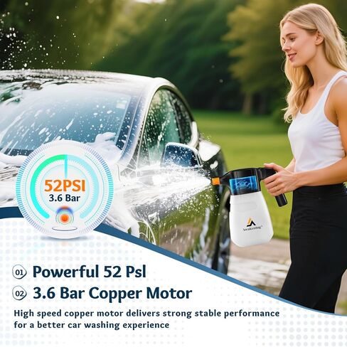 AWAKENING 2L بخاخ رغوي كهربائي لغسيل السيارات، 68oz بخاخ رغوي ببطارية لاسلكية مع تصميم قابل لإعادة الشحن، مدفع رغوي كهربائي محمول 52PSI لتفصيل السيارات والحديقة (أبيض) in Saudi Arabia