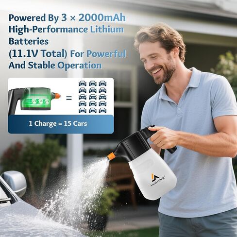 AWAKENING 2L بخاخ رغوي كهربائي لغسيل السيارات، 68oz بخاخ رغوي ببطارية لاسلكية مع تصميم قابل لإعادة الشحن، مدفع رغوي كهربائي محمول 52PSI لتفصيل السيارات والحديقة (أبيض) in Saudi Arabia