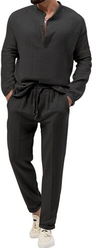 Men's 2 Pieces Set Casual Outfits Henley Shirts Long Sleeve Tracksuits in Saudi Arabia