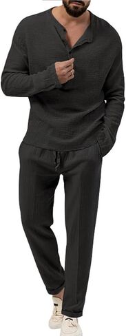 Men's 2 Pieces Set Casual Outfits Henley Shirts Long Sleeve Tracksuits in Saudi Arabia