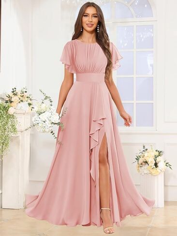 Women's Chiffon Bridesmaid Dresses for Wedding Floor Length Flutter Sleeves Formal Evening Party Dress with Slit in Saudi Arabia
