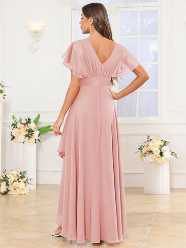 Women's Chiffon Bridesmaid Dresses for Wedding Floor Length Flutter Sleeves Formal Evening Party Dress with Slit in Saudi Arabia