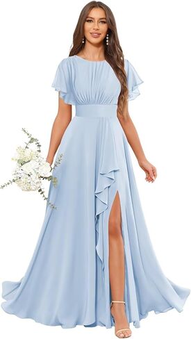 Women's Chiffon Bridesmaid Dresses for Wedding Floor Length Flutter Sleeves Formal Evening Party Dress with Slit in Saudi Arabia