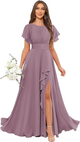 Women's Chiffon Bridesmaid Dresses for Wedding Floor Length Flutter Sleeves Formal Evening Party Dress with Slit in Saudi Arabia
