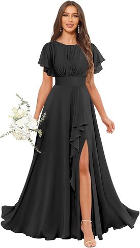 Women's Chiffon Bridesmaid Dresses for Wedding Floor Length Flutter Sleeves Formal Evening Party Dress with Slit in Saudi Arabia