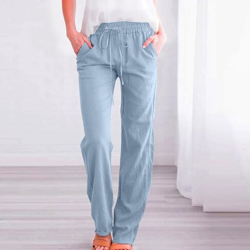 Cotton Linen Pants for Women Dressy Casual High Waisted Drawstring Pant Causal Summer Straight Leg Lounge Trousers in Saudi Arabia